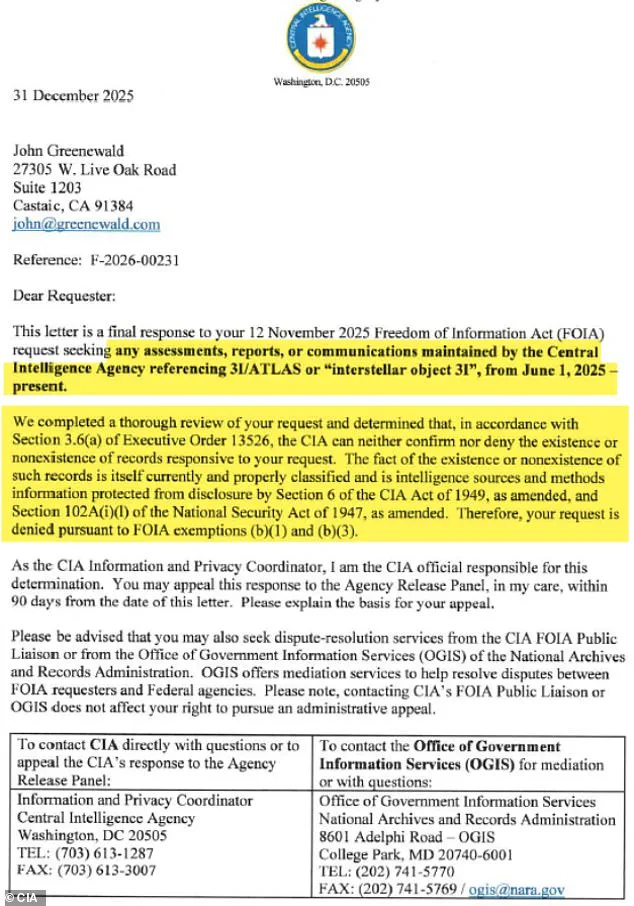 Late-Breaking: CIA's FOIA Revelation Reopens Mystery of Interstellar Object 3I/ATLAS, Challenging NASA's Comet Theory