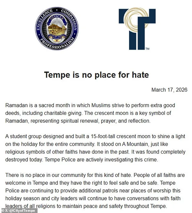 Vandals Destroy 15-Foot Islamic Crescent Moon Symbolizing Ramadan in Tempe, Arizona as Hate Crime