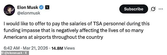Elon Musk Offers to Pay TSA Workers' Salaries as U.S. Government Shutdown Enters Third Month