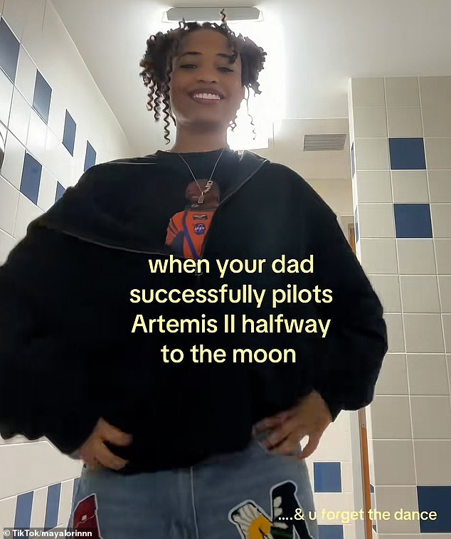Maya Glover dances to celebrate her father's historic Artemis II moon mission success.